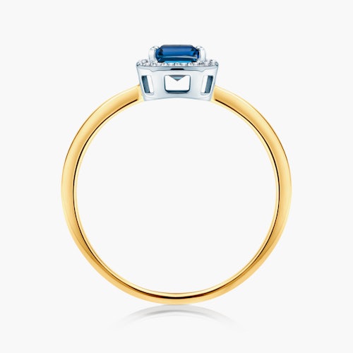 Pierścionek zaręczynowy SAVICKI: dwukolorowe złoto, niebieski szafir